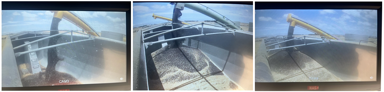 Photographs by Michael Cook illustrate the wireless reversing camera kit in action, demonstrating its efficiency while filling grain into a road train. This cutting-edge wireless camera system delivers precise visibility, significantly improving safety and streamlining the loading process.