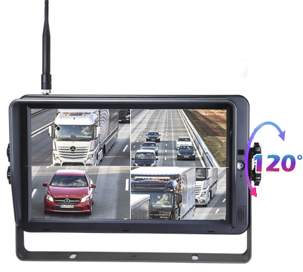 The image showcases the flexible mounting options for the wireless reversing camera monitor, featuring the U-shaped bracket for secure and adjustable installation to suit various needs.