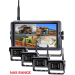 The image showcases the 10.1-Inch HD 1080P Digital Wireless Camera Quad Monitor Kit, featuring an intuitive touch screen monitor with built-in recording functionality. The setup includes industrial-grade cameras with a wide 130° field of view, designed for heavy-duty applications. The kit’s robust design and customizable configuration—allowing for 1, 2, 3, or 4 cameras—make it ideal for use in farming, mining, trucking, and forklift operations. This best-selling system delivers high-definition visuals, seamless wireless connectivity, and unparalleled reliability in challenging industrial environments.