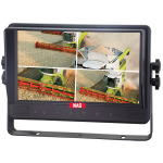 The image shows a 9-inch quad-view touch screen reversing monitor equipped with a sun visor, mounted inside a commercial vehicle. The monitor displays up to four camera feeds simultaneously on a bright TFT screen, with backlit buttons for day and night use. Its durable front casing is made from high-temperature resistant PC/ABS, designed to perform reliably in demanding Australian conditions across transport, mining, and industrial applications.