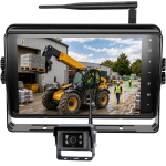 7 Inch AI Digital Wireless 1 Camera Kit showing a telehandler on the monitor with AI pedestrian and vehicle detection for improved blind spot safety.