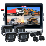 A high-resolution 7-inch quad AHD touch screen monitor displaying four camera feeds in a split-screen view. The monitor is mounted on a sturdy base, showcasing its sleek and durable industrial-grade design. Surrounding the monitor are four IP69K-rated waterproof wired HD 1080P reversing cameras, each with a 100° wide-angle lens, built for heavy-duty vehicles, caravans, trucks, and machinery. The setup highlights seamless camera switching, crystal-clear image quality, and rugged durability, ideal for use in mining, agriculture, trucking, and commercial industries. The image conveys a sense of reliability, safety, and high-performance visibility solutions.