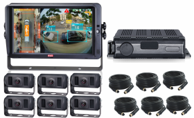 Industrial-grade six-camera 360° surround view system with seven-inch or ten-point-one-inch touchscreen monitor, providing real-time panoramic vehicle monitoring.