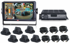 Compact six-camera 360° surround view system showing small-form-factor cameras designed for discreet installation on commerical vehicles.