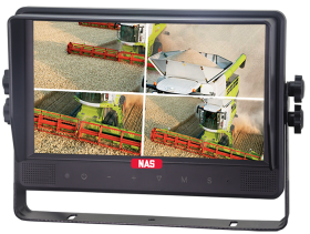 The image shows a 9-inch quad-view touch screen reversing monitor equipped with a sun visor, mounted inside a commercial vehicle. The monitor displays up to four camera feeds simultaneously on a bright TFT screen, with backlit buttons for day and night use. Its durable front casing is made from high-temperature resistant PC/ABS, designed to perform reliably in demanding Australian conditions across transport, mining, and industrial applications.