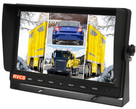 A 10.1-inch HD quad rear view monitor displaying an H-shaped viewing layout, allowing drivers to monitor up to four camera feeds simultaneously. The high-resolution screen provides a clear and detailed view of the vehicle’s surroundings, enhancing safety for trucks, buses, and other commercial vehicles. The H-shaped split-screen format ensures efficient visibility, reducing blind spots and improving maneuverability. Designed for AHD and analog camera compatibility, this rugged and reliable monitor is ideal for demanding driving conditions, offering a comprehensive rear-view solution.