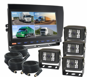 9-inch Quad Rear View Reversing Camera Kit, comprising a quad monitor & four HD 1080P 120° waterproof reversing cameras. A cost-effective solution with the added benefit of customization of cable lengths - Light Commercial (RV-HDMSD9Quad4*CHD15 - RVCS)