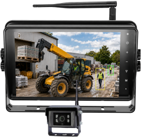 7 Inch AI Digital Wireless 1 Camera Kit showing a telehandler on the monitor with AI pedestrian and vehicle detection for improved blind spot safety.