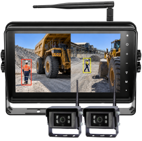 7 Inch AI Digital Wireless 2 Camera Kit with split screen monitor, pedestrian and vehicle detection for trucks and heavy machinery