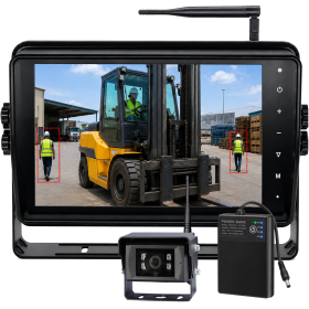 10 Inch AI Digital Wireless Forklift Camera Kit with standard wireless camera and battery power pack for improved visibility and blind spot safety on forklifts and industrial vehicles.