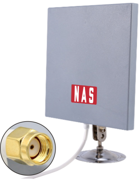 Close-up of a 2.4GHz 14dBi high gain wireless directional panel antenna, designed to boost signal strength for digital reversing camera kits. Ideal for farms, trucks, and road trains, this long-range antenna is commonly mounted on the rear of truck cabs to improve reception over long distances or through signal-blocking obstacles like grain dust. The image shows the antenna's sturdy panel build, with mounting brackets and durable weather-resistant casing suitable for harsh Australian environments.