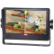The image shows a 9-inch quad-view touch screen reversing monitor equipped with a sun visor, mounted inside a commercial vehicle. The monitor displays up to four camera feeds simultaneously on a bright TFT screen, with backlit buttons for day and night use. Its durable front casing is made from high-temperature resistant PC/ABS, designed to perform reliably in demanding Australian conditions across transport, mining, and industrial applications.