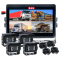 A high-resolution 7-inch quad AHD touch screen monitor displaying four camera feeds in a split-screen view. The monitor is mounted on a sturdy base, showcasing its sleek and durable industrial-grade design. Surrounding the monitor are four IP69K-rated waterproof wired HD 1080P reversing cameras, each with a 100° wide-angle lens, built for heavy-duty vehicles, caravans, trucks, and machinery. The setup highlights seamless camera switching, crystal-clear image quality, and rugged durability, ideal for use in mining, agriculture, trucking, and commercial industries. The image conveys a sense of reliability, safety, and high-performance visibility solutions.